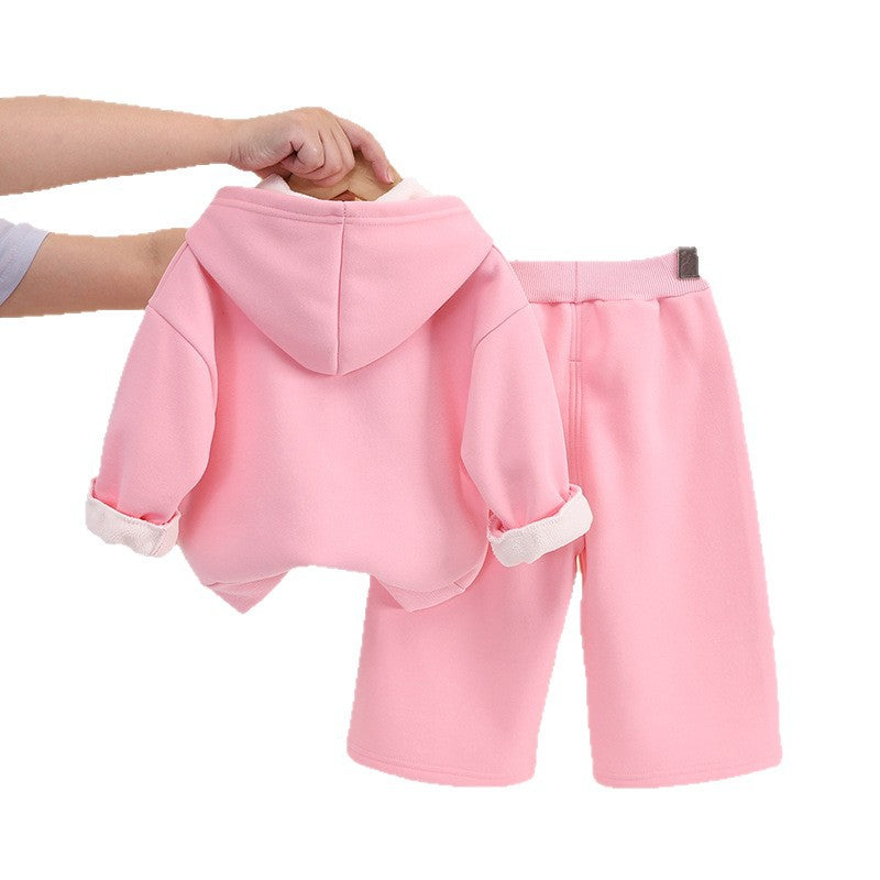 Two piece set of winter baby hoodie with added velvet and thickening