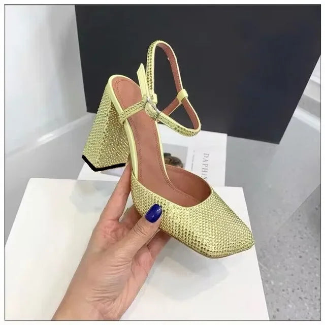 Rhinestone Thick High Heels and Toe Sandals for Women, Retro Mary Jane Single Shoes, Fashionable and Sexy, European and American