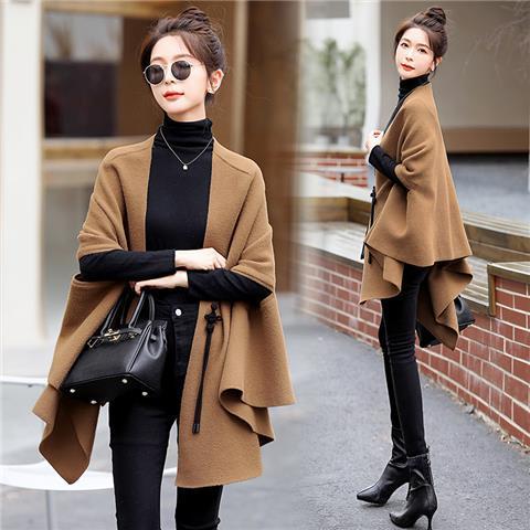 Winter New Woolen Coat Women V Neck Batwing Sleeves Bandage Design Solid Color Loose Clothing Fashion