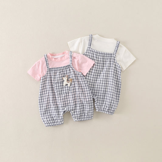 Baby Two-Piece Set Cartoon Print Short Sleeve Overalls Outfit for Toddler Girl