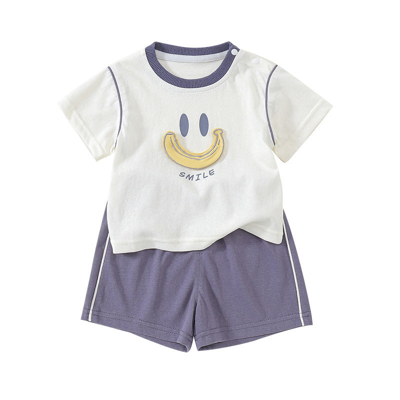 Children's Outfit Cartoon Banana Smile Print Short Sleeve Two-Piece Set