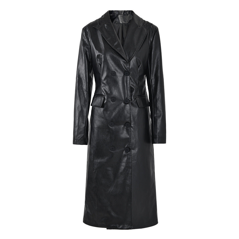 Solid Patchwork Button Leather Coats For Women Lapel Long Sleeve High Waist Temperament Female Fashion Clothing New