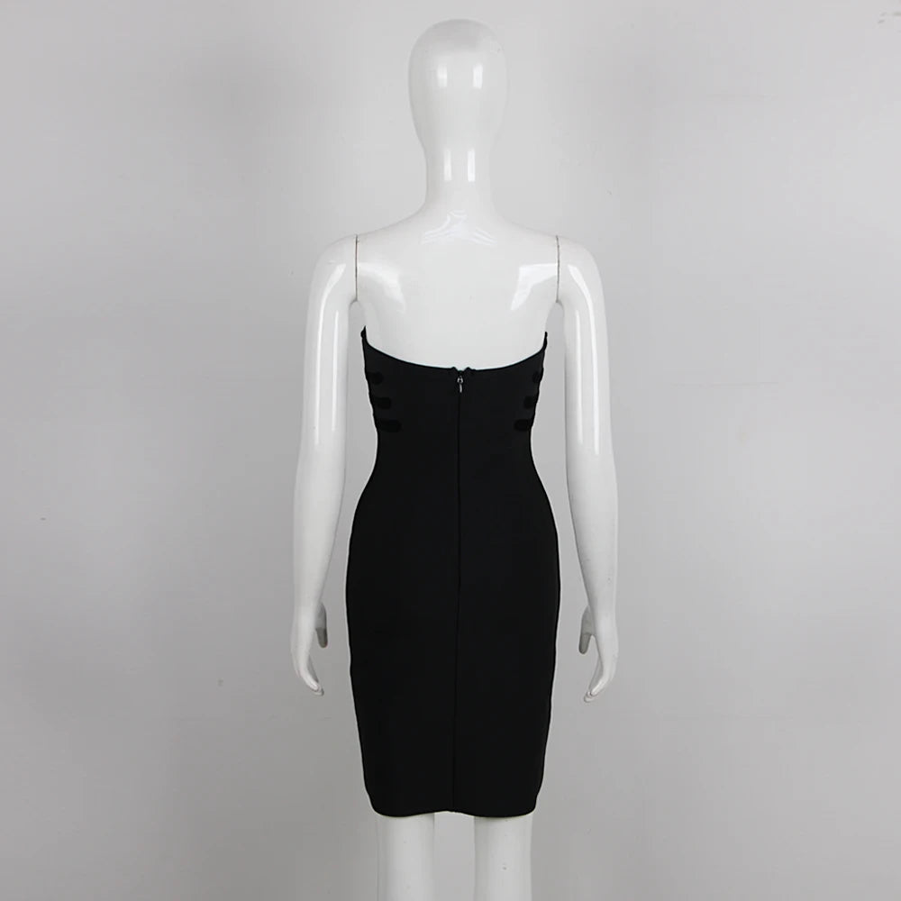 Fashion Party Mini Dress Women Sexy Strapless Black Bandage Slim Female Clothing With Gold Button Vestido