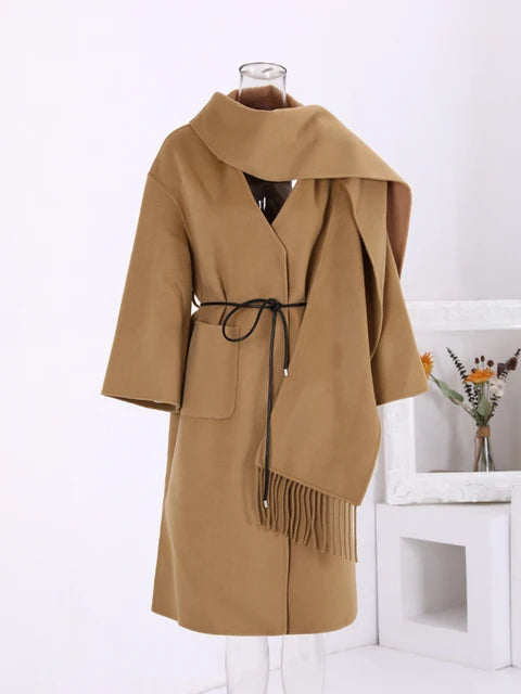 Winter New Long Woolen Coat Women Tassel Scarf Collar Belt Gathered Waist Solid Color Fashion Clothing