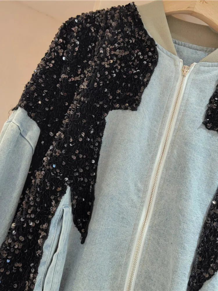European Style Long Sleeved Fitting Women Clothing Contrasting Sequin Denim Jacket Loose Overcoats