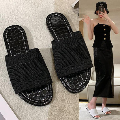 Flat bottomed fly woven fabric straight line slippers for women with wide band flat heel sandals