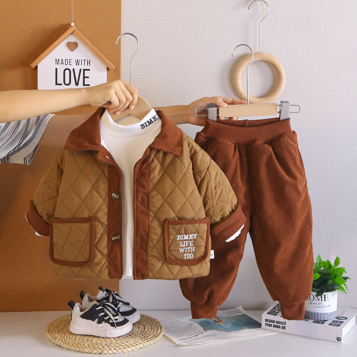 Three piece set of children's winter clothing with plush and thickened cotton jacket