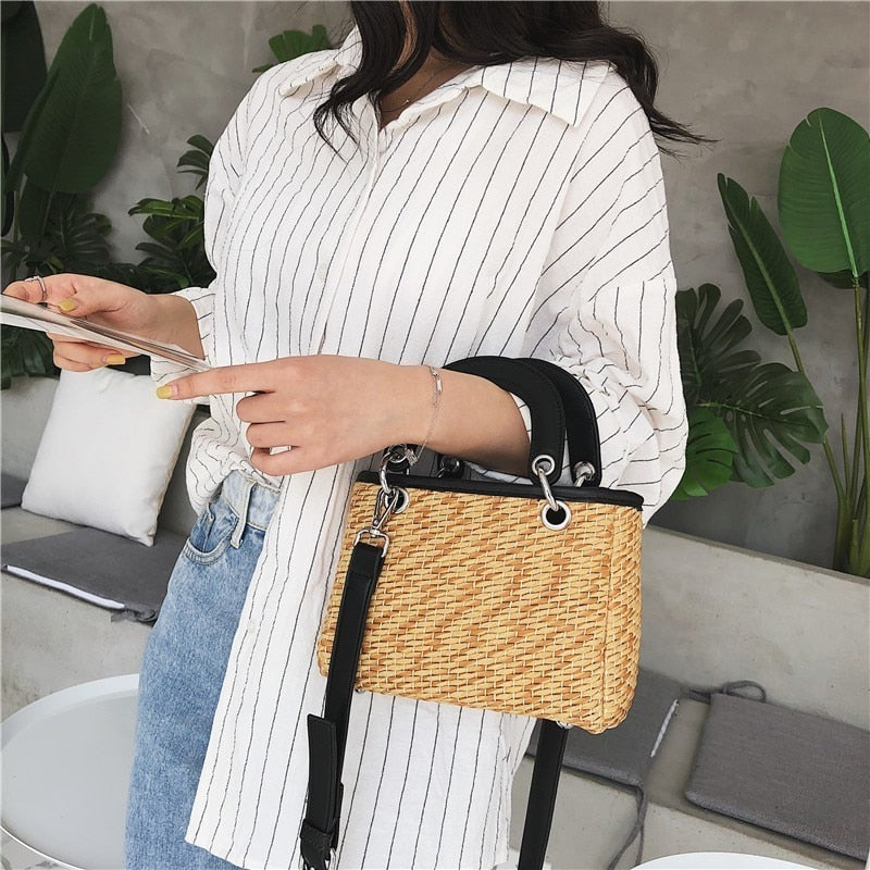Shoulder Bags For Women Square Straw Bag Summer Rattan Bag Handmade Woven Beach Flap Bohemia Handbag