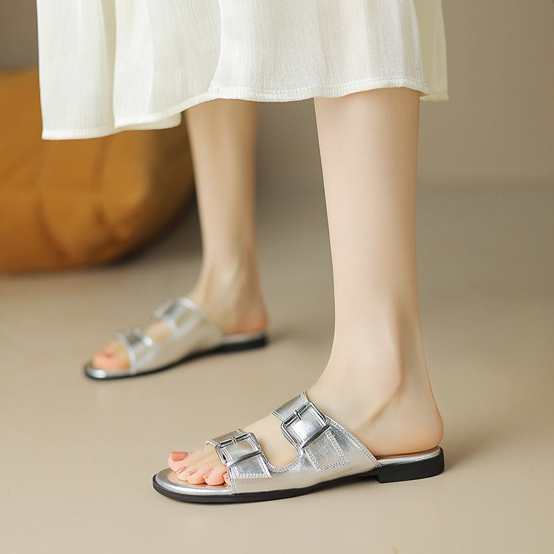 Flat bottom belt buckle round toe cowhide open toe sandals for women
