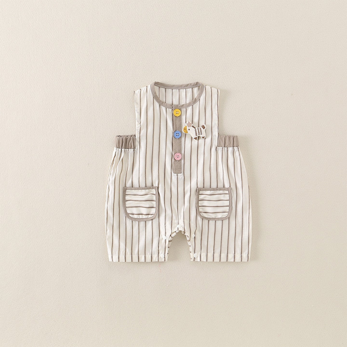 Baby Cartoon Short Backless Romper, Striped Onesie for Boys and Girls
