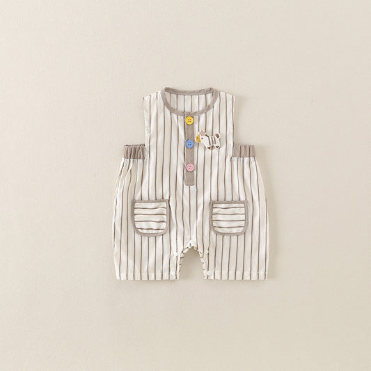 Baby Cartoon Short Backless Romper, Striped Onesie for Boys and Girls
