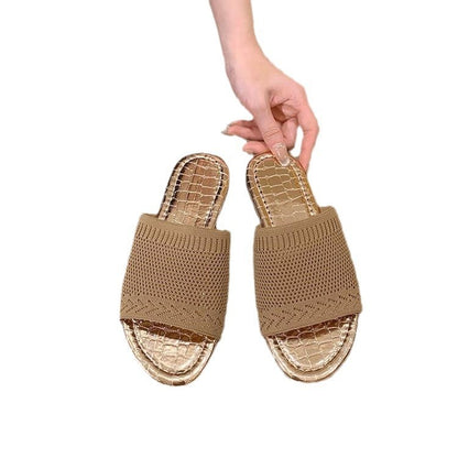 Flat bottomed fly woven fabric straight line slippers for women with wide band flat heel sandals