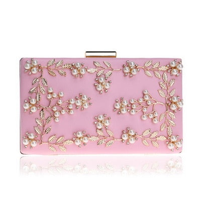 Fashion New Women Evening Clutch Bags PU Chain Shoulder Handbags Leaf Metal Beaded Evening Purse Messenger Bags