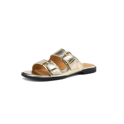 Flat bottom belt buckle round toe cowhide open toe sandals for women