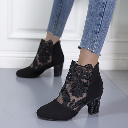 Lace Mesh High-Heeled Sandals Women European and American Style Round Toe Chunky Heel Roman Sandals Wholesale