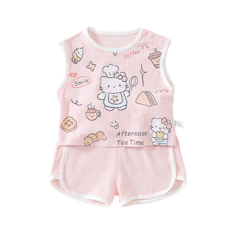 Cute Baby Girl Outfit Set, Thin Sleeveless Top Two-Piece Set