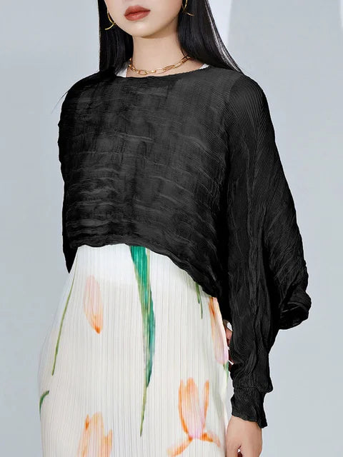 Pleated Long Sleeve Blouse For Women Round Collar Solid Color  Summer Elegant Female Casual Breathable Clothing