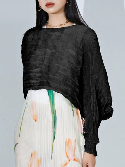 Pleated Long Sleeve Blouse For Women Round Collar Solid Color  Summer Elegant Female Casual Breathable Clothing