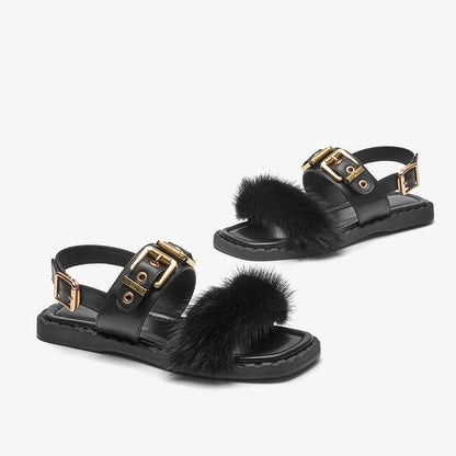 Sandals Women Cow Leather Square Toe Mink design Buckle Strap Elegant Female Flat Shoes Handmade