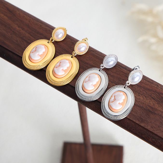 Baroque imitation pearl oval portrait metallic earrings women fashion trend titanium steel gold plated earrings accessories