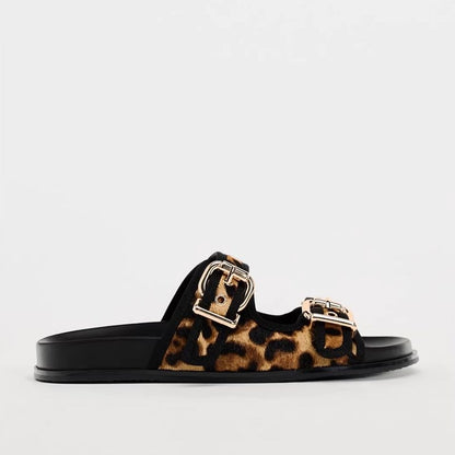 Printed round toe flat bottom buckle thick sole casual sandals and slippers for women