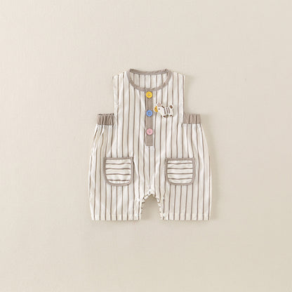 Baby Cartoon Short Backless Romper, Striped Onesie for Boys and Girls