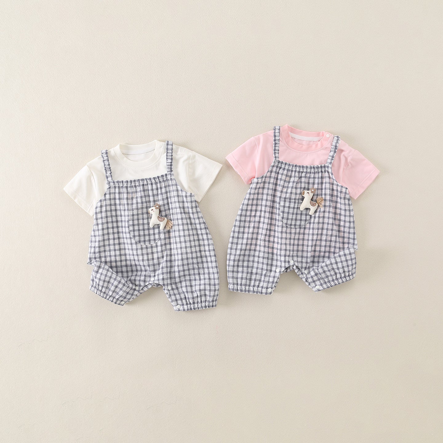 Baby Two-Piece Set Cartoon Print Short Sleeve Overalls Outfit for Toddler Girl