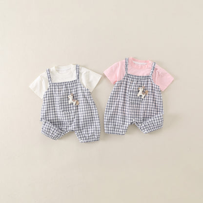 Baby Two-Piece Set Cartoon Print Short Sleeve Overalls Outfit for Toddler Girl