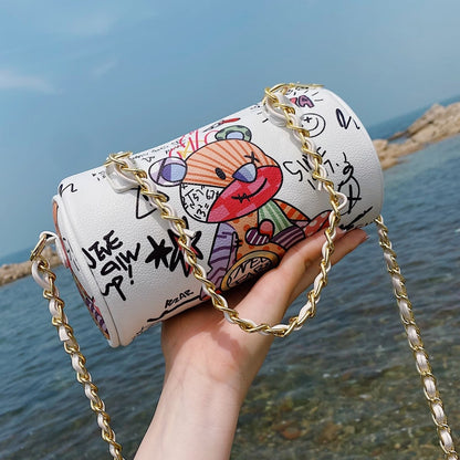 Cartoons Graffiti Cylindrical Pu Leather Zipper Crossbody Bags For Women Fashion Chain Shoulder Handbags And Purses Lady