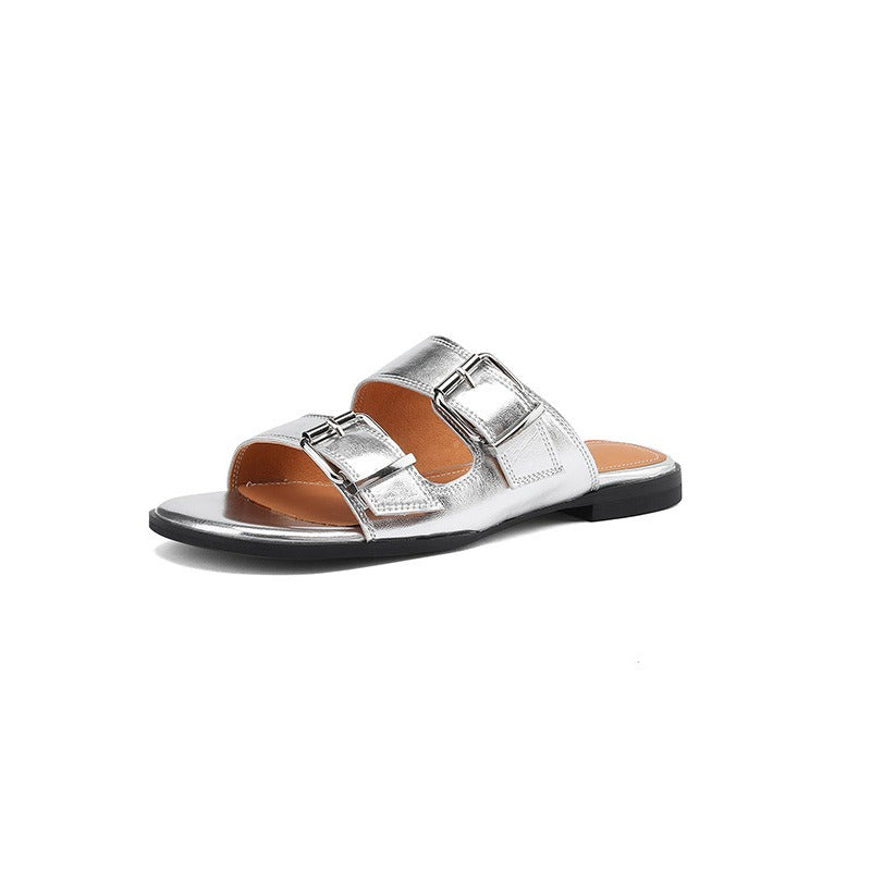 Flat bottom belt buckle round toe cowhide open toe sandals for women