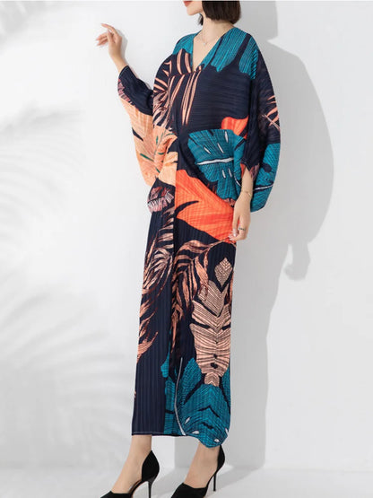 Printed Pleated Dress For Women V-neck Long Batwing Sleeves High End Dresses Elegant Clothing