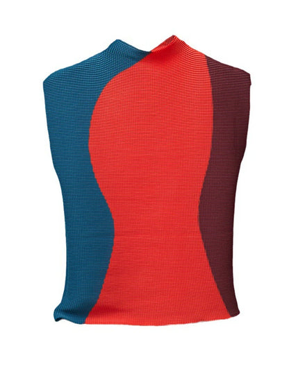 Contrast Color Pleated T-shirt For Women Round Neck Sleeveless Slim Designer Tops Female Clothing