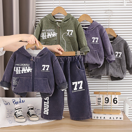 Children's clothing casual baby hooded long sleeved two-piece set