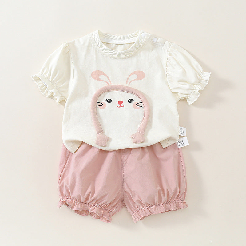 Cute Rabbit Cartoon Short Sleeve Two-Piece Set for Toddlers