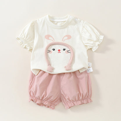 Cute Rabbit Cartoon Short Sleeve Two-Piece Set for Toddlers