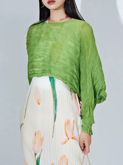 Pleated Long Sleeve Blouse For Women Round Collar Solid Color  Summer Elegant Female Casual Breathable Clothing
