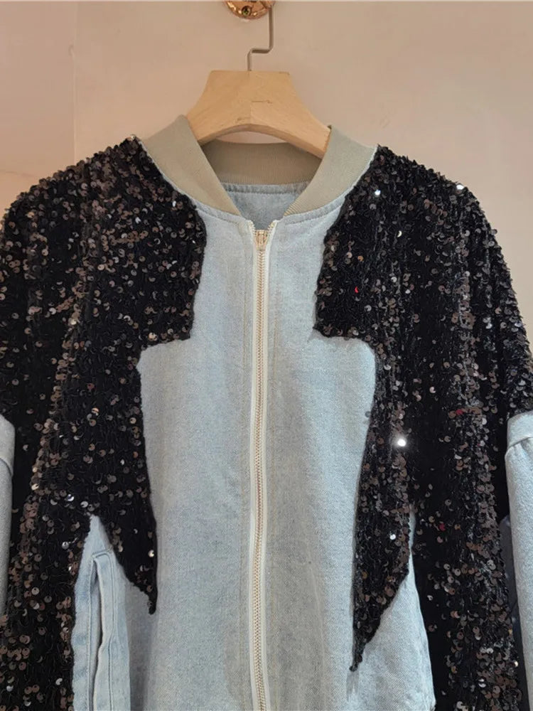 European Style Long Sleeved Fitting Women Clothing Contrasting Sequin Denim Jacket Loose Overcoats