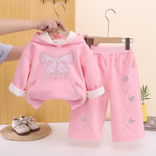 Two piece set of winter baby hoodie with added velvet and thickening