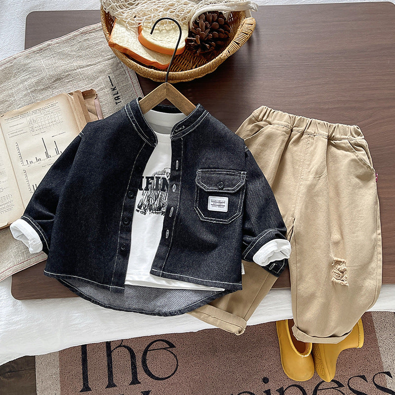 Children's denim long sleeved three piece set for baby spring and autumn