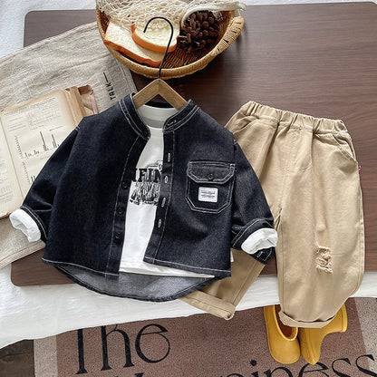 Children's denim long sleeved three piece set for baby spring and autumn
