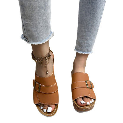 Versatile Buckle Wedge Heel Thick Sole Slip-On Beach Sandals for Women