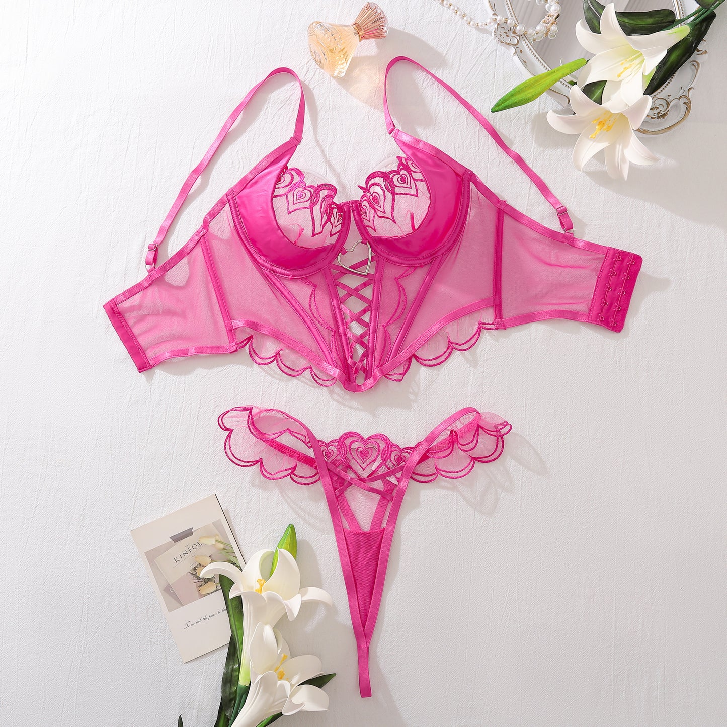 Love Embroidery Body shaping Bra Underwear Two piece Set Cross Tie Perspective Sexy Underwear Set for Women