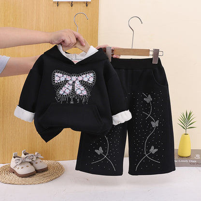 Two piece set of winter baby hoodie with added velvet and thickening