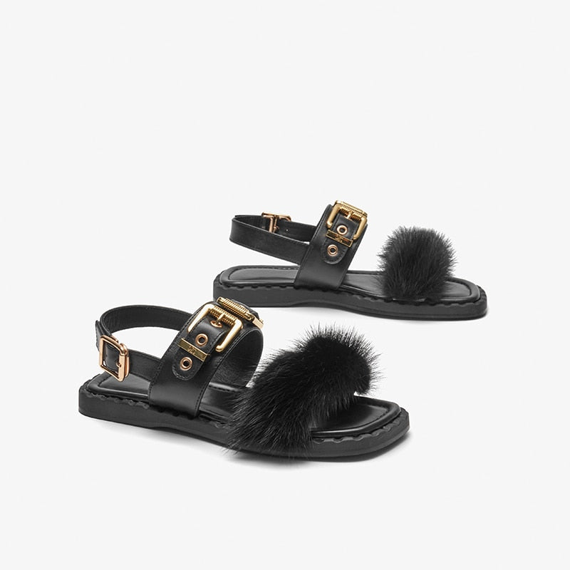 Sandals Women Cow Leather Square Toe Mink design Buckle Strap Elegant Female Flat Shoes Handmade