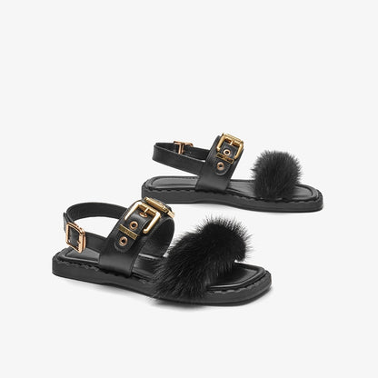 Sandals Women Cow Leather Square Toe Mink design Buckle Strap Elegant Female Flat Shoes Handmade