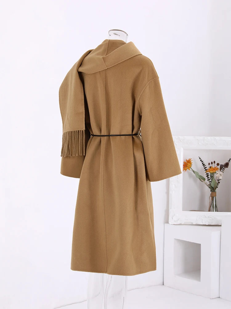 Winter New Long Woolen Coat Women Tassel Scarf Collar Belt Gathered Waist Solid Color Fashion Clothing