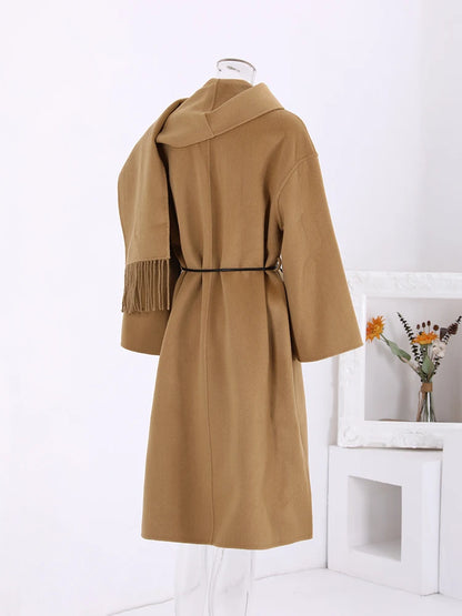 Winter New Long Woolen Coat Women Tassel Scarf Collar Belt Gathered Waist Solid Color Fashion Clothing