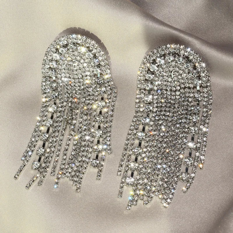 Luxury Shiny Rhinestone Tassel Dangle Earrings Jewelry For Women Fashion Show Lady's Statement Daily Accessories