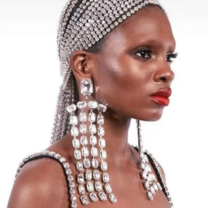 Long Fringed Big Drop Earrings Rhinestone Accessories for Girl Women Oversize Crystal Hanging Dangle Earrings Wedding Jewelry
