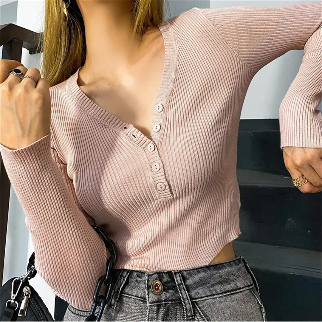Fall Solid Color Sexy Deep V-Neck Half-Button Long Sleeve Knit Top for Women, High-Waisted Short Crop Bodysuit, Underwear Style